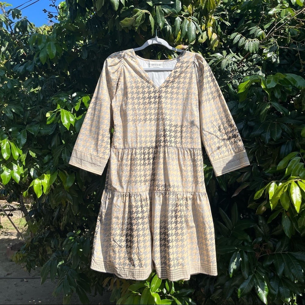 CECILIE COPENHAGEN cream houndstooth print mini dress